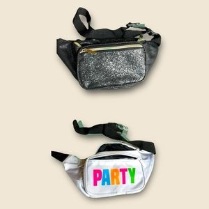 2 party Fanny packs. Black glittery & rainbow zipper. & white party multicolor.